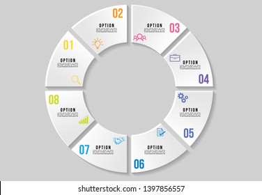 Vector Circle Infographic Design Template with 8 Options Steps. Business Data Visualization with Marketing Icons most useful can be used for presentation, diagrams, annual reports, workflow layout