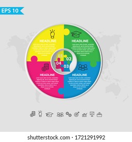  Vector Circle infographic label design with icons chart infograph. Colourful chart infographic with men head.  Can be used  for business concept with 4 options. Worldmap background. 