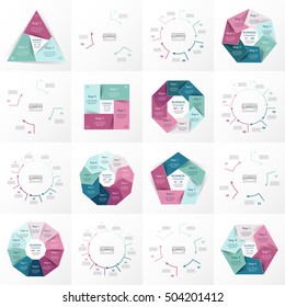 Vector circle infographic set. Business diagrams, round arrows graphs, puzzle presentations and charts. Data infographics with 3, 4, 5, 6, 7, 8, 9, 10 options, parts, steps, cycle processes.