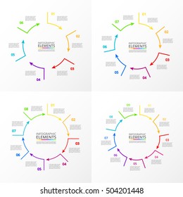 Vector Circle Infographic Set. Business Diagrams, Round Arrows Graphs, Puzzle Presentations And Charts. Data Infographics With 6, 7, 8, 9 Options, Parts, Steps, Cycle Processes.