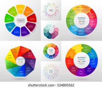 Vector circle infographic set. Business diagrams, round arrows graphs, puzzle presentations and charts. Data infographics with 9 options, parts, steps, cycle processes.