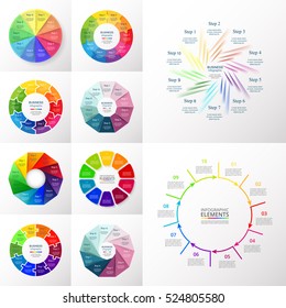 Vector Circle Infographic Set. Business Diagrams, Round Arrows Graphs, Puzzle Presentations And Charts. Data Infographics With 10 Options, Parts, Steps, Cycle Processes.