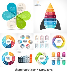 Vector circle infographic set. Business diagrams, arrows graphs, data presentations, idea charts. 6 options, parts, steps, processes. Flower nature, startup rocket, hexagon, numbers.