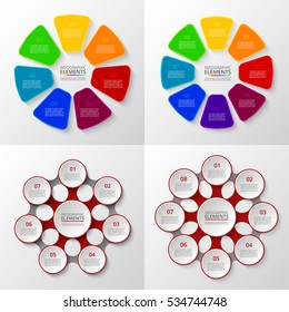 Vector circle infographic set. Business diagrams, round arrows graphs, metaball presentations and charts. Data infographics with 7 and 8 options, parts, steps, cycle processes.