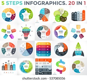 Vector circle infographic set. Business diagrams, arrows graphs, startup logo presentations and idea charts. Data options with 5 parts. Light bulb, brain education, star, dollar, pentagon, ecology.