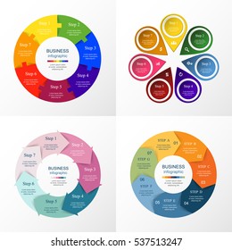 Vector circle infographic set. Business diagrams, round arrows graphs, puzzle presentations and charts. Data infographics with 7 options, parts, steps, cycle processes.