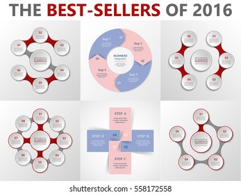 Vector circle infographic set. Business diagrams, round arrows graphs, puzzle presentations and charts. Data infographics with 4, 5, 6 and 8 options, parts, steps, cycle processes.