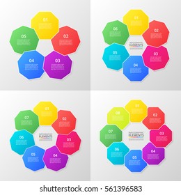 Vector circle infographic set. Business diagrams, round graphs, presentations and charts. Data infographics with 5, 6, 7, 8 options, parts, steps, cycle processes.