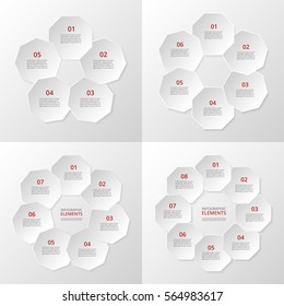 Vector circle infographic set. Business diagrams, round graphs, presentations and charts. Data infographics with 5, 6, 7, 8 options, parts, steps, cycle processes.