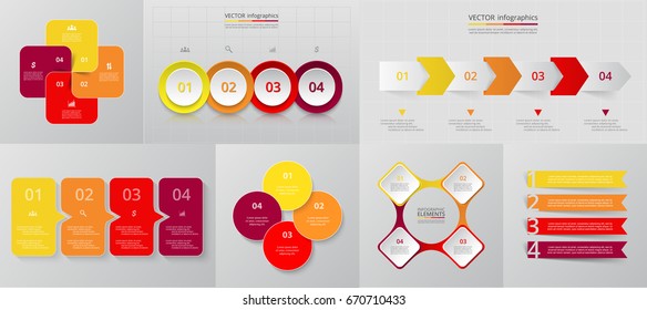 Vector circle infographic set. Business diagrams, round arrows graphs, puzzle presentations and charts. Data infographics with 4 options, parts, steps, cycle processes.