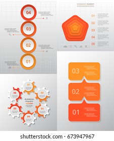 Vector circle infographic set. Business diagrams, round arrows graphs, puzzle presentations and charts. Data infographics with 3, 4 and 5 options, parts, steps, cycle processes.