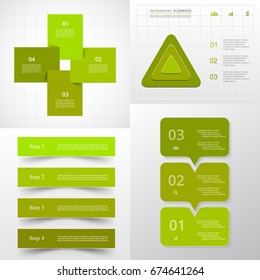 Vector circle infographic set. Business diagrams, round arrows graphs, puzzle presentations and charts. Data infographics with 3 and 4 options, parts, steps, cycle processes.