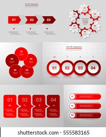 Vector circle infographic set. Red business diagrams, round arrows graphs, puzzle presentations and charts. Data infographics with 3, 4, 5, 6 options, parts, steps, cycle processes.