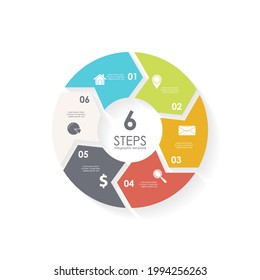 Vector circle infographic template with arrow for cycle diagram, graph, web design and charts. Business concept with 6 steps, parts or options. Abstract background.
