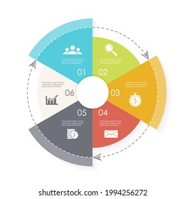 Vector circle infographic template with arrow for cycle diagram, graph, web design and charts. Business concept with 6 steps, parts or options. Abstract background.
