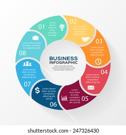 Vector circle infographic. Template for cycle diagram, graph, presentation and round chart. Business concept with 8 options, parts, steps or processes. Abstract background.