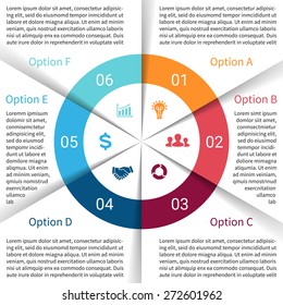 Vector circle infographic. Template for cycle diagram, graph, presentation and round chart. Business concept with 6 equal options, parts, steps or processes. Startup layout. Paper article design.