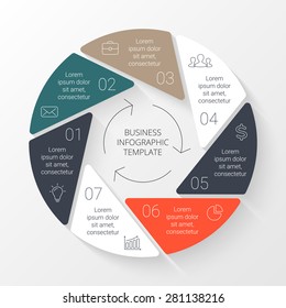 Vector circle infographic. Template for cycle diagram, graph, presentation and round chart. Business concept with 7options, parts, steps or processes. Linear graphic. Data visualization