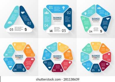 Infografía del círculo vectorial. Plantilla para diagrama de ciclo, gráfico, presentación y gráfico redondo. Concepto de negocio con 3, 4, 5, 6, 7, 8 opciones, partes, pasos o procesos. Antecedentes abstractos