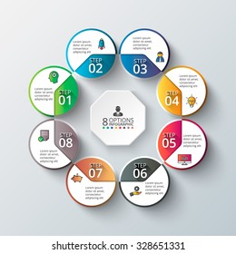 Vector circle infographic. Template for cycle diagram, graph, presentation and round chart. Business concept with 8 options, parts, steps or processes. Data visualization.