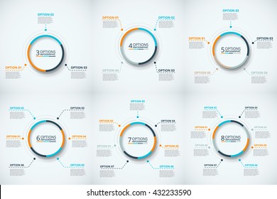 Infográfico do círculo vetorial. Modelo para diagrama cíclico, gráfico, apresentação e gráfico redondo. Conceito de negócio com 3, 4, 5, 6, 7 e 8 opções, peças, etapas ou processos. Visualização de dados.