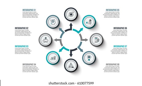 Vector circle infographic. Template for cycle diagram, graph, presentation and chart. Business concept with 8 options, parts, steps or processes. Data visualization. Stroke icons.