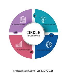 Modelo de infográfico de círculo vetorial para gráficos, gráficos e diagramas. Conceito de gráfico de pizza com 4 opções, partes, etapas, processos