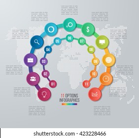 Vector circle infographic template for graphs, charts, diagrams. Business concept with 11 options, parts, steps, processes with world map on the background.