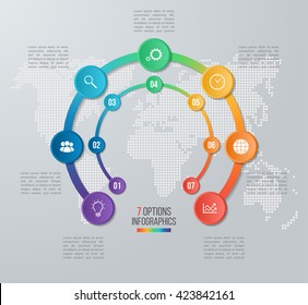 Vector circle infographic template for graphs, charts, diagrams. Business concept with 7 options, parts, steps, processes with world map on the background.