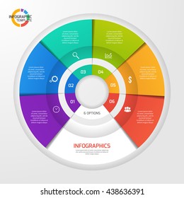 Vector circle infographic template for graphs, charts, diagrams. Pie chart concept with 6 options, parts, steps, processes.