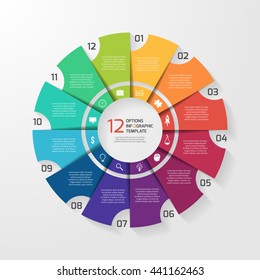 Vector circle infographic template for graphs, charts, diagrams. Pie chart concept with 12 options, parts, steps, processes.