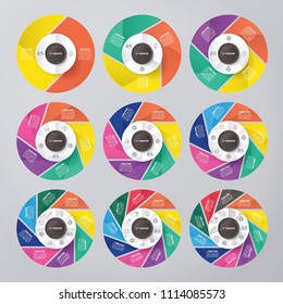 vector circle for infographic template, pie charts with 2, 3, 4, 5, 6, 7, 8, 9, 10 steps