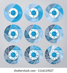 vector circle for infographic template, pie charts blue with 2, 3, 4, 5, 6, 7, 8, 9