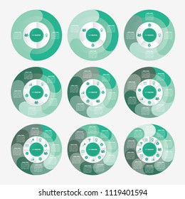 vector circle for infographic template, pie charts green with 2, 3, 4, 5, 6, 7, 8, 9, 10 steps