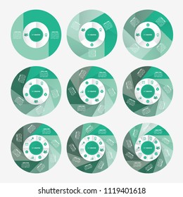 vector circle for infographic template, pie charts green with 2, 3, 4, 5, 6, 7, 8, 9, 10 steps