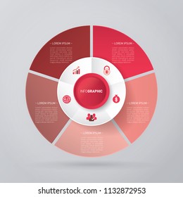 vector circle for infographic template, pie charts red with 5 steps