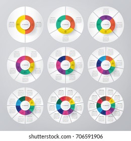 vector circle for infographic template, pie charts with 2, 3, 4, 5, 6, 7, 8, 9, 10 steps