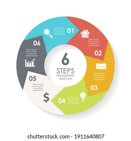 Vector circle infographic template for round diagram, graph, web design. Business concept with 6 steps, options or processes. Isolated on white background.