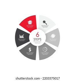 Vector circle infographic template for round diagram, graph and web design. Business concept with 6 steps, options or processes. Isolated on white background.