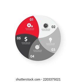 Vector circle infographic template for round diagram, graph and web design. Business concept with 5 steps, options or processes. Isolated on white background.