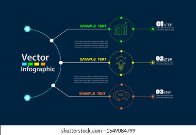 Vector Circle Infographic With Three Steps  On Dark Blue Background. Template For Diagram, Graph, Presentation And Chart. Business Concept, Parts, Steps Or Processes. Eps 10