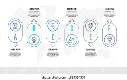 Vector circle infographics with 6 arrows. Six step line template. Used for diagram, web, workflow layout, flowchart, levels, chart, processes diagram. Data visualization.