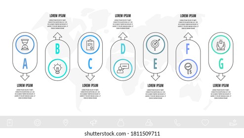 Vector circle infographics with 7 arrows. Seven step line template. Used for diagram, web, workflow layout, flowchart, info graph, timeline, content, chart, processes diagram. Data visualization.