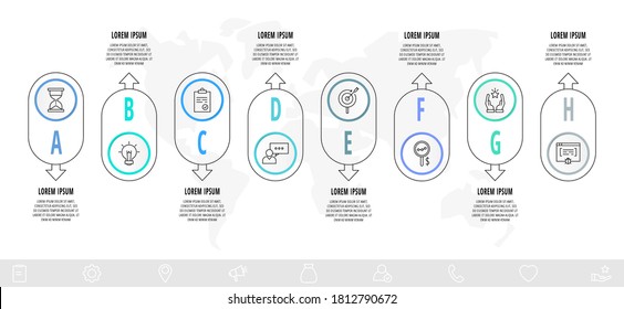 Vector circle infographics with 8 arrows. Eight step line template. Used for diagram, business, workflow layout, presentations, info graph, content, levels, processes diagram. Data visualization.