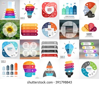 Vector circle infographics. Business diagrams, arrows graphs, blur linear presentations, idea cycle charts. Data options, parts, 4 steps. Bulb, brain, plus, eco, heart, lines, stairs, medical plus.