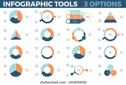 Vector circle infographics. Circular diagrams. Data visualization templates with 3 steps, options, processes. Vector cycle charts.