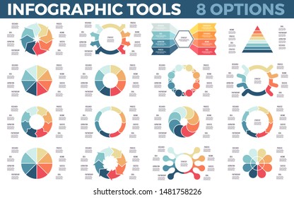 Vector circle infographics. Circular diagrams. Data visualization templates with 8 steps, options, processes. Vector charts.