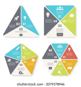 Vector circle infographics set. Business concept for round diagram, graph and presentation. Template with 3, 4, 5, 6 options, parts, steps or processes.