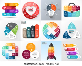 Vector circle infographics set. Business diagram, arrows graph, startup logo presentation, idea chart. Infographic option, 3, 4, 5, 6, 8 part, step, process. Heart, bulb, head, rocket, medical plus.