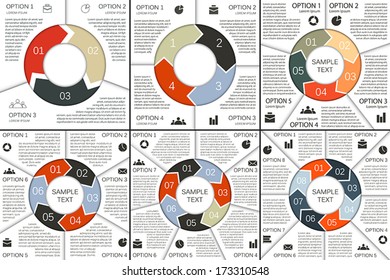 Vector circle infographics set. Template for diagram, graph, presentation and chart. Business concept with 3, 4, 5, 6, 7 and 8 options, parts, steps or processes. Abstract backgrounds.